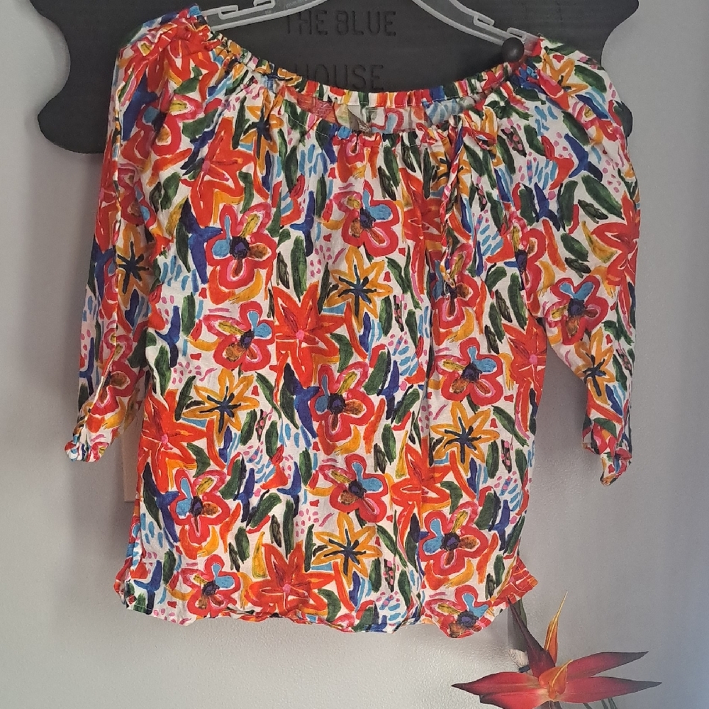 Hester & Orchard Linen Blend Floral Off-Shoulder Women's Top